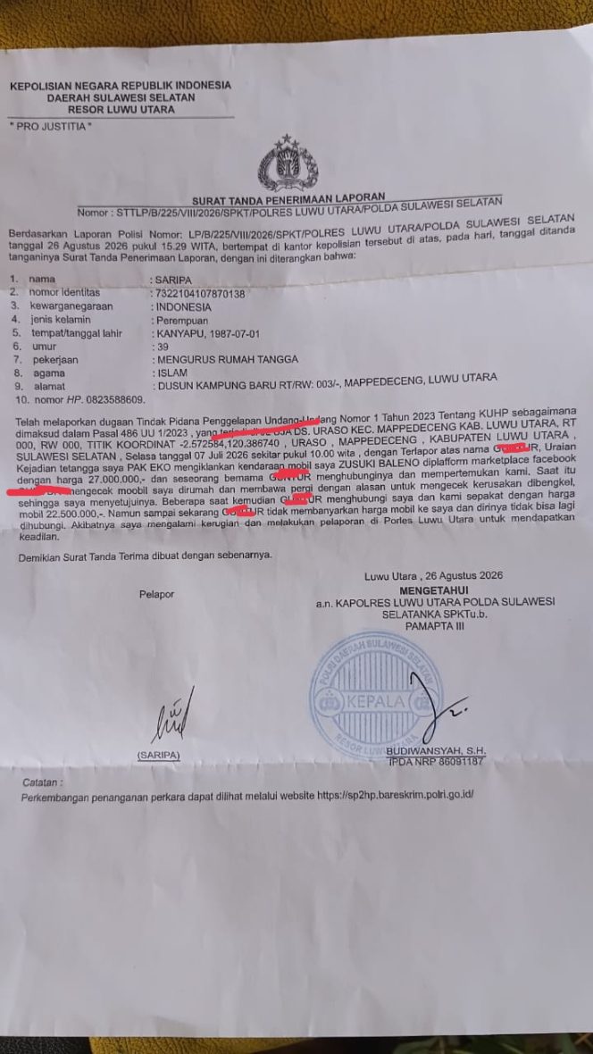 
 Diduga Tipu Warga, Oknum Polisi di Lutra Dipolisikan