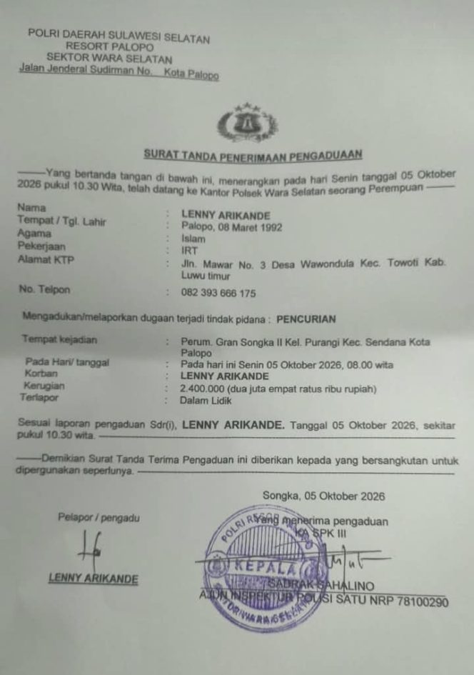 
 Maling, Bikin Resah Penghuni Gran Songka II Palopo